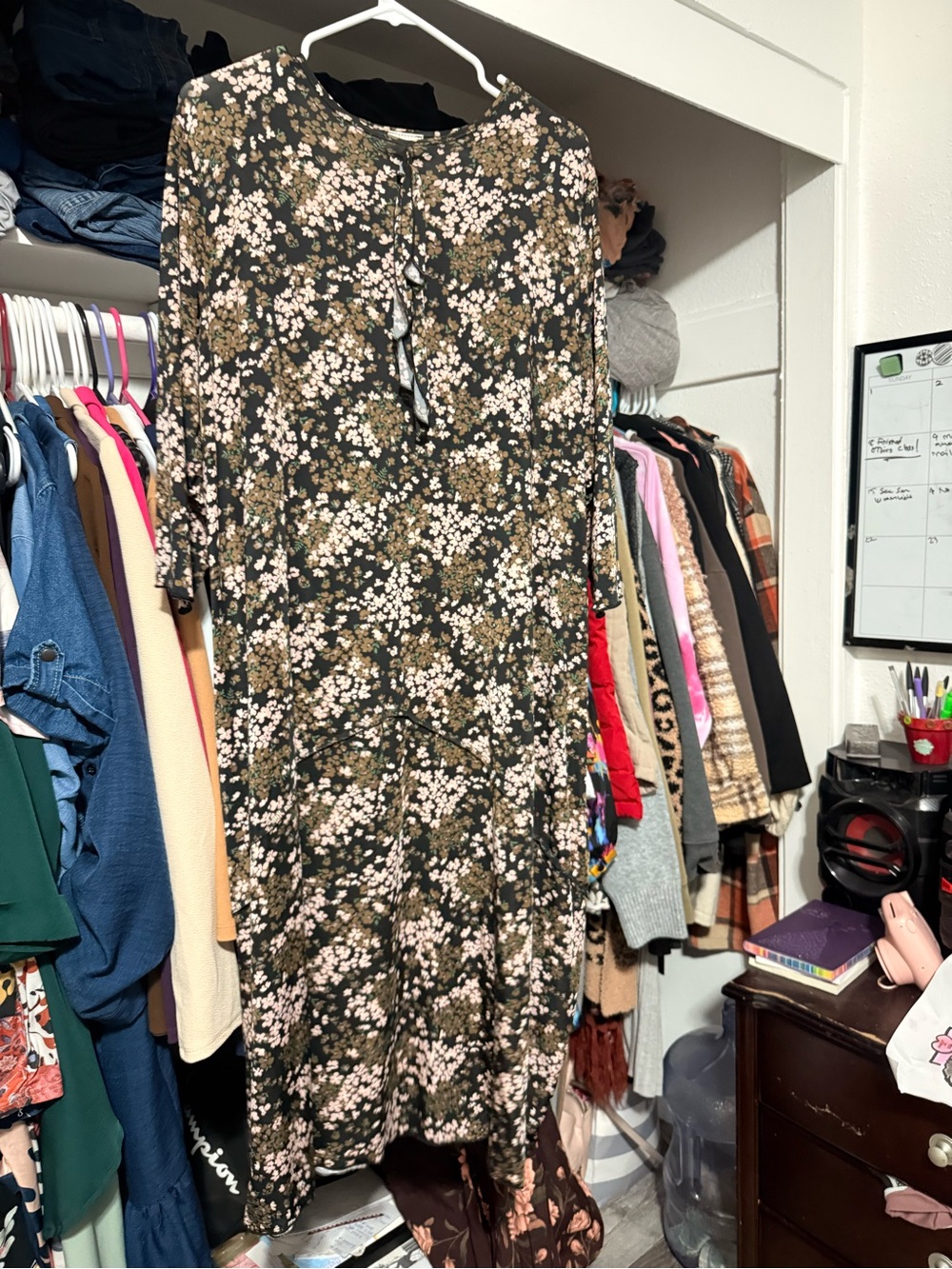 Floral Print Long Sleeve Midi Dress - Olive with Light Pink Blossoms